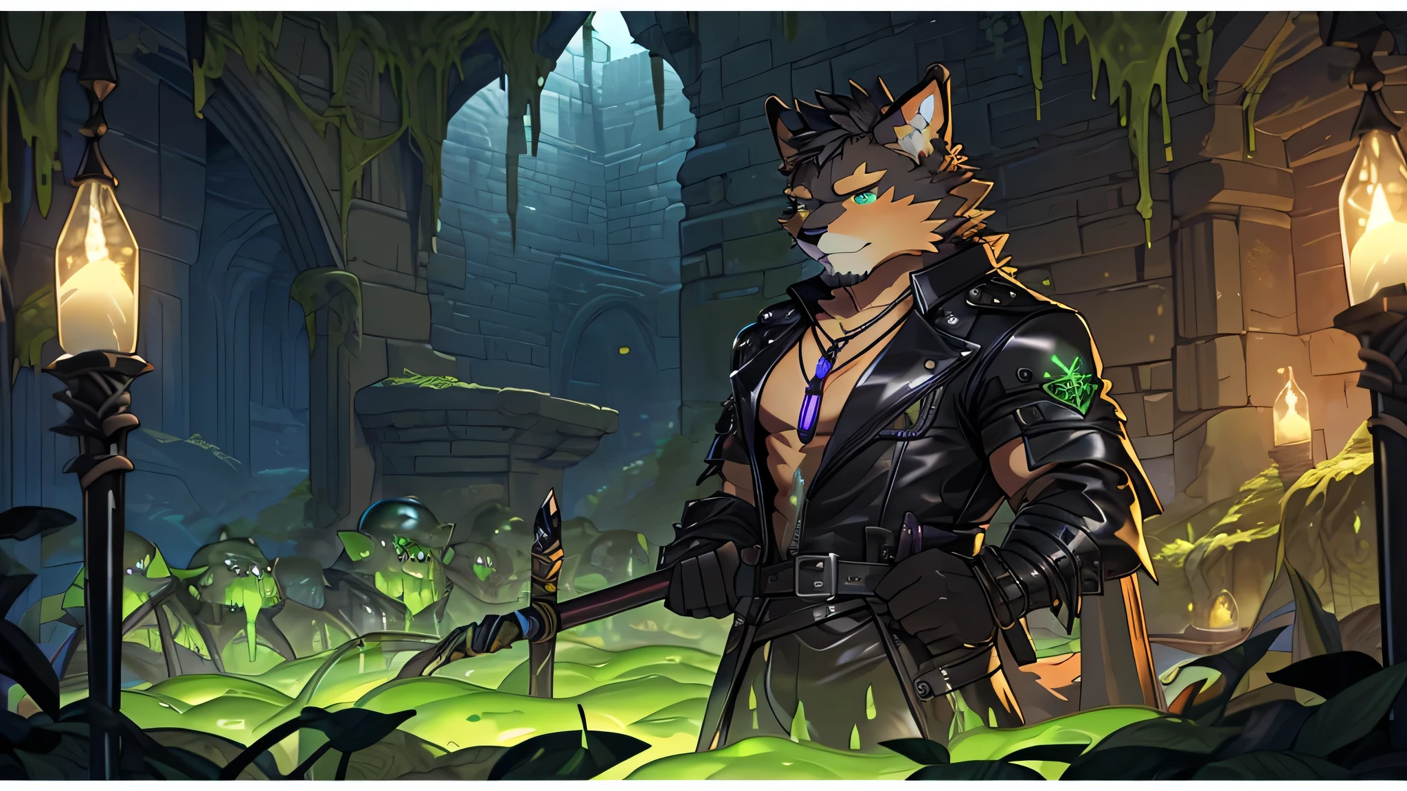 (one person,male,Holding a staff,Orange fur,green eyes,Nervous expression,Leather gear,necklace,Face Slime Monster),Dimly lit dungeons,green lichen,black tentacles,Detailed Background,4K,dark