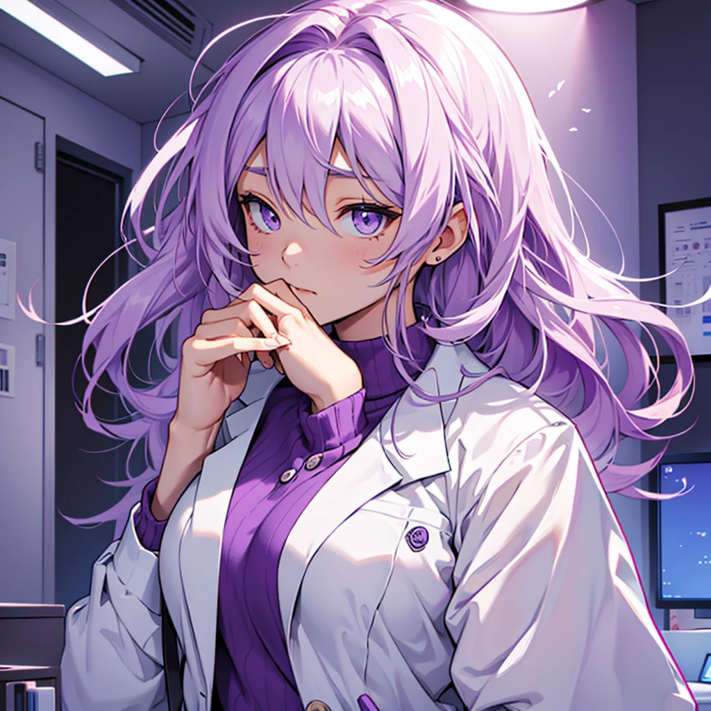 Imagine a MBTI logician、Create a single woman in a white coat and purple shirt thinking in her room。