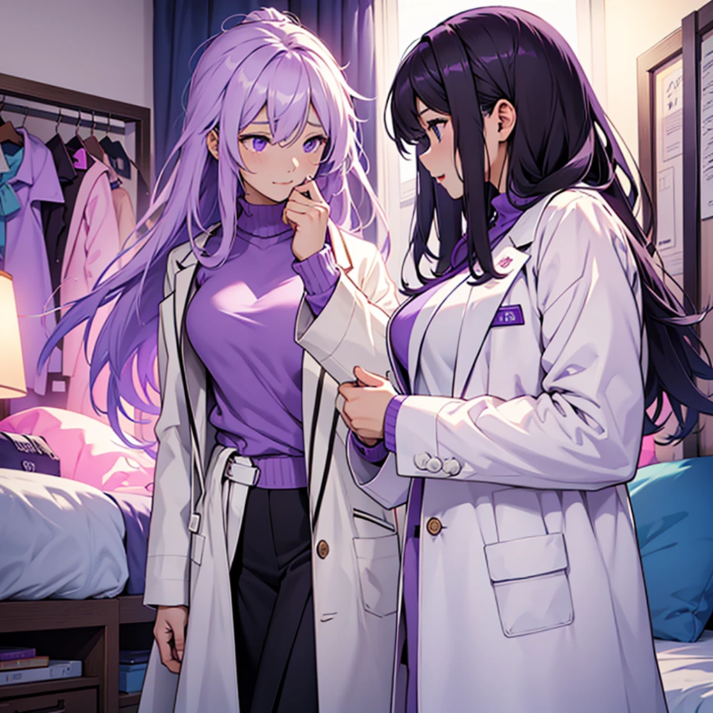 Imagine a MBTI logician、Create a single woman in a white coat and purple shirt thinking in her room。