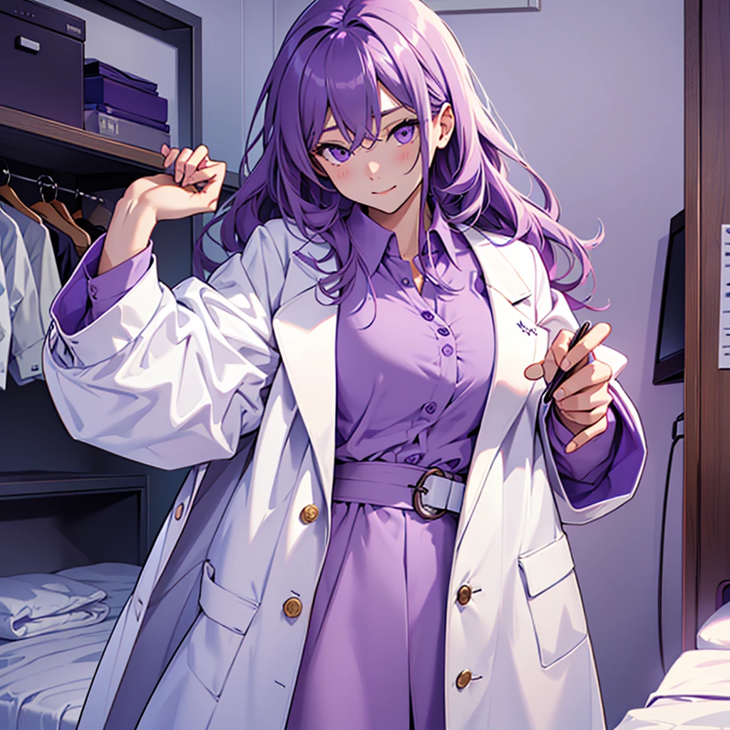 Imagine a MBTI logician、Create a single woman in a white coat and purple shirt thinking in her room。