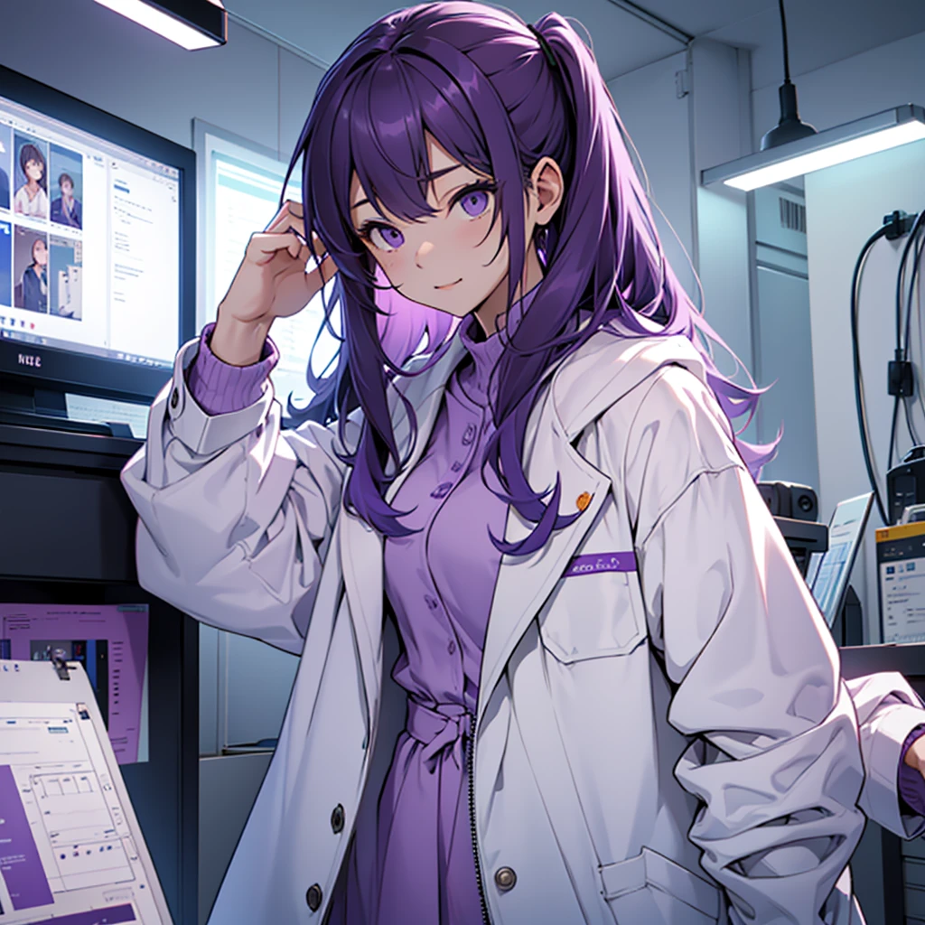Imagine a MBTI logician、Create a single woman in a white coat and purple shirt thinking in her room。