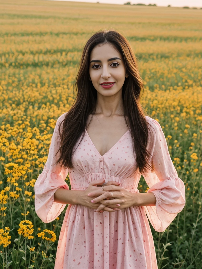 Noura, 1girl, solo, ((Qatari woman)), consistent face and body, ((MILF)), ((30 years old)), (mature), ((slim)), ((Qatari face)), (Qatari nose), (Qatari lips), ((long loose hair)), upper body and upper legs, (background: city flower field at sunset), BREAK, (wearing light-pink printed Flare Dress), smirking, teasing