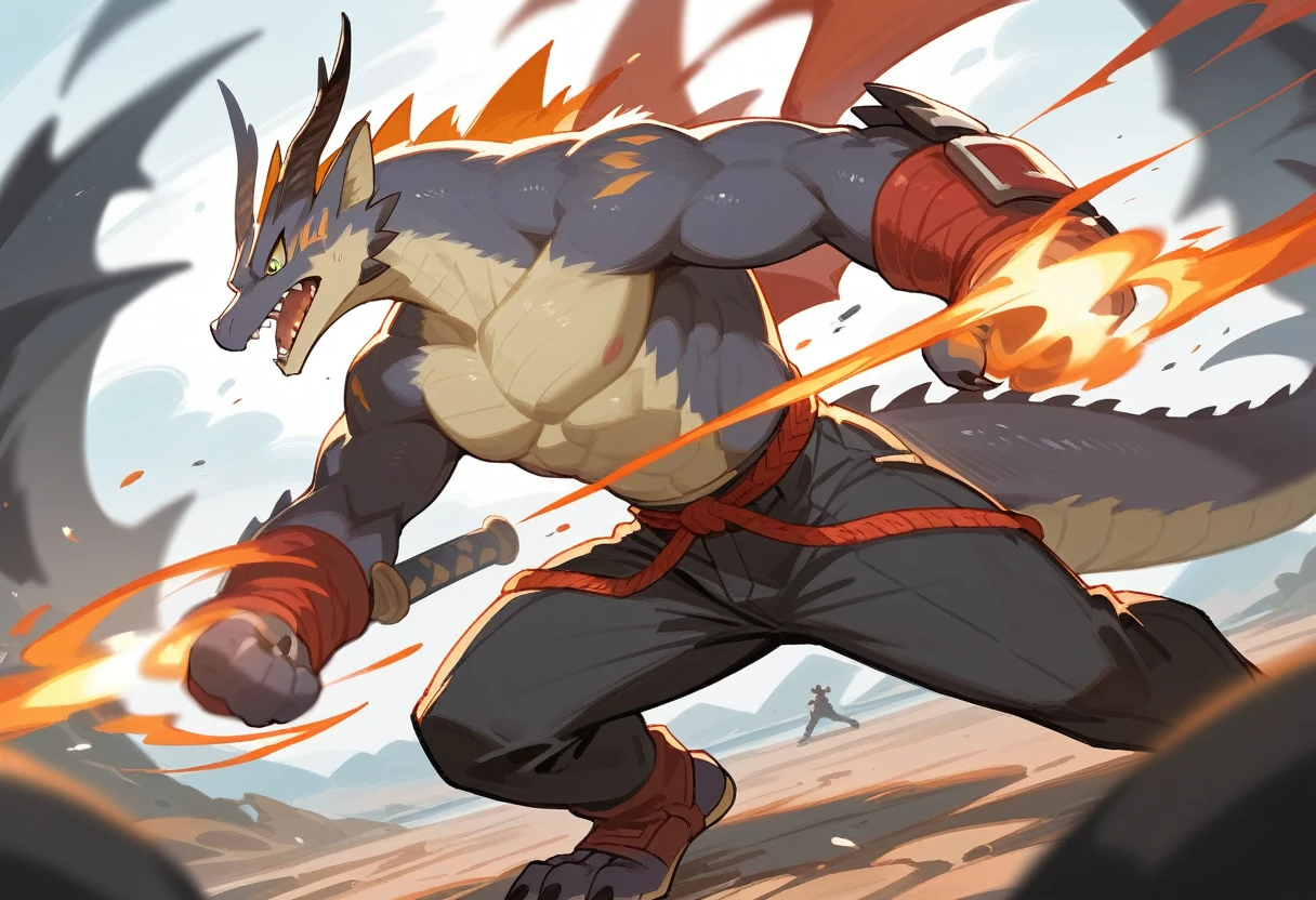 top quality, high-quality illustrations((masterpiece))depth of field, motion blur, absurdres, Perfect ???????, magnificent picture of kemono fighting fierce battles, kemono, 1boy, solo focus, Anthro((dramatic))epic, weapon, dynamic pose, One scene of movie,FURRY,dragon,Chinese,green
