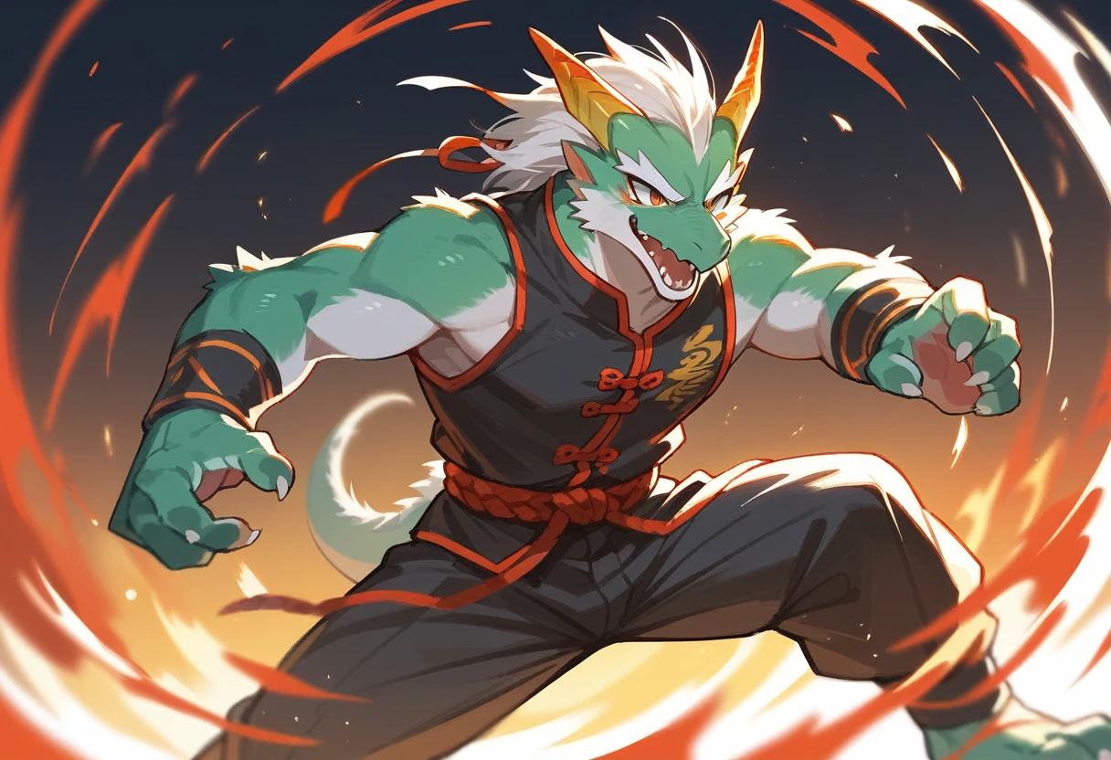 top quality, high-quality illustrations((masterpiece))depth of field, motion blur, absurdres, Perfect Anatomy, magnificent picture of kemono fighting fierce battles, kemono, 1boy, solo focus, Anthro((dramatic))epic, weapon, dynamic pose, One scene of movie,FURRY,dragon,Chinese,green