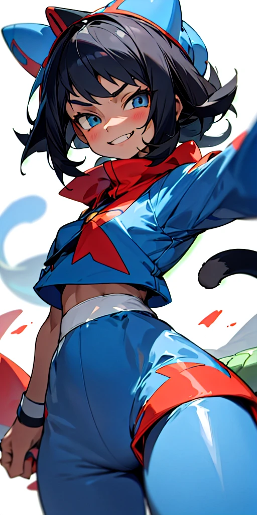 13 Year old girl, straight black hair, light skin, Dragon type trainer, mischevious expression, smirk, Pokemon trainer outfit, Blue outfit, cat