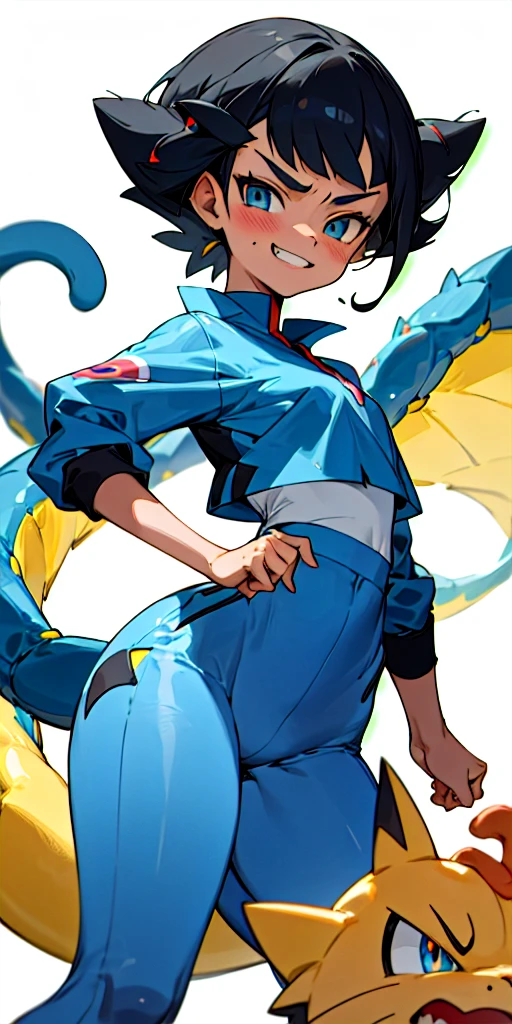 13 Year old girl, straight black hair, light skin, Dragon type trainer, mischevious expression, smirk, Pokemon trainer outfit, Blue outfit, cat