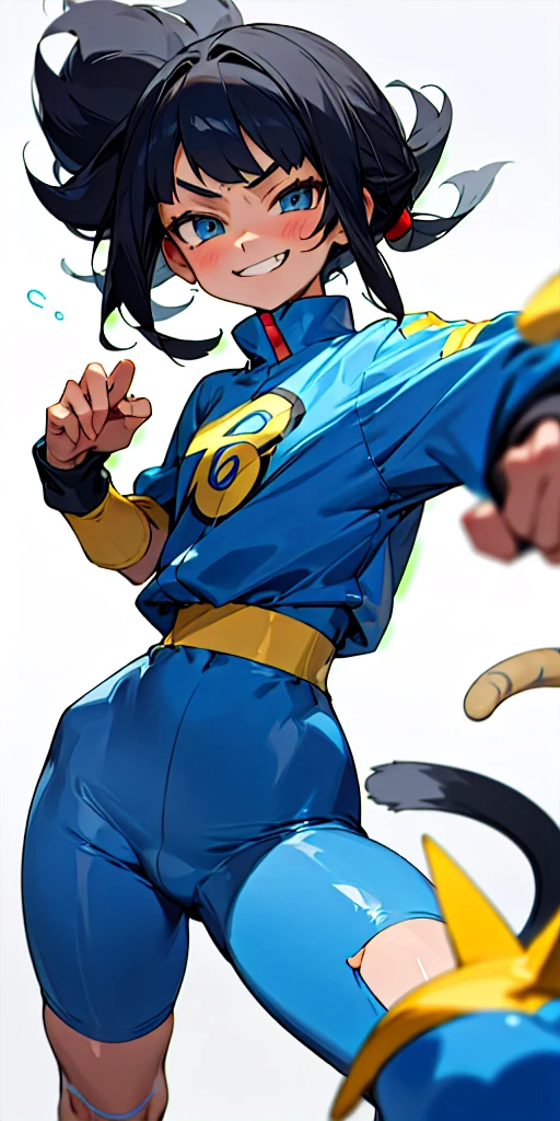 13 Year old girl, straight black hair, light skin, Dragon type trainer, mischevious expression, smirk, Pokemon trainer outfit, Blue outfit, cat