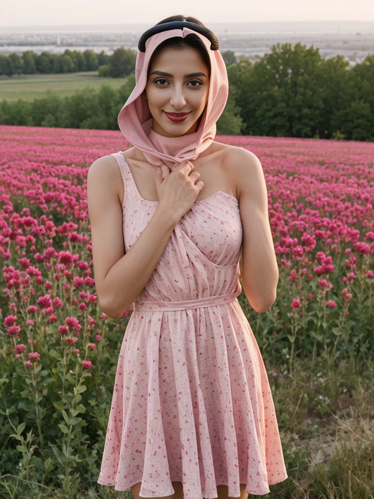 Noura, 1girl, solo, ((Qatari woman)), consistent face and body, ((MILF)), ((30 years old)), (mature), ((slim)), ((Qatari face)), (Qatari nose), (Qatari lips), ((long loose hair)), upper body and upper legs, (background: overlooking city flower field at sunset), BREAK, (wearing light-pink printed Flare Dress), smirking, teasing