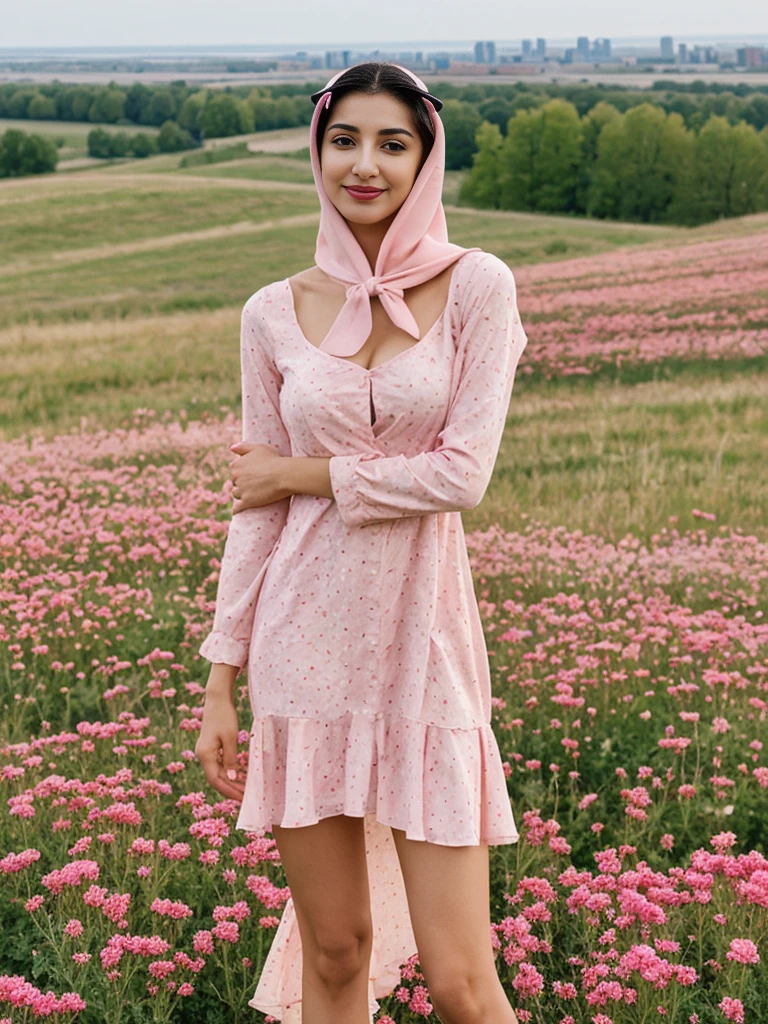 Noura, 1girl, solo, ((Qatari woman)), consistent face and body, ((MILF)), ((30 years old)), (mature), ((slim)), ((Qatari face)), (Qatari nose), (Qatari lips), ((long loose hair)), upper body and upper legs, (background: overlooking city flower field at sunset), BREAK, (wearing light-pink printed Flare Dress), smirking, teasing
