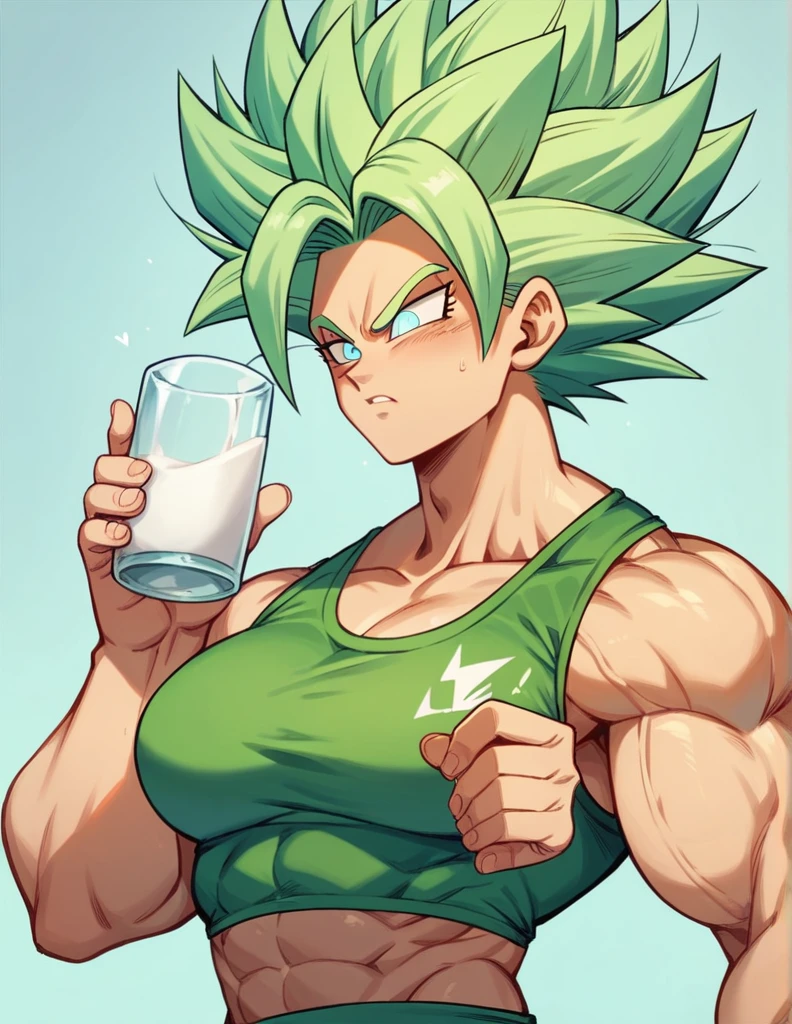 Muscular woman, with spiky green hair, white eyes, wearing a gym outfit, Kale Dragonball super, legendary super saiyan, green, with an erect giant penis volume showing on the clothes, Holding a glass full of Of a thick milk