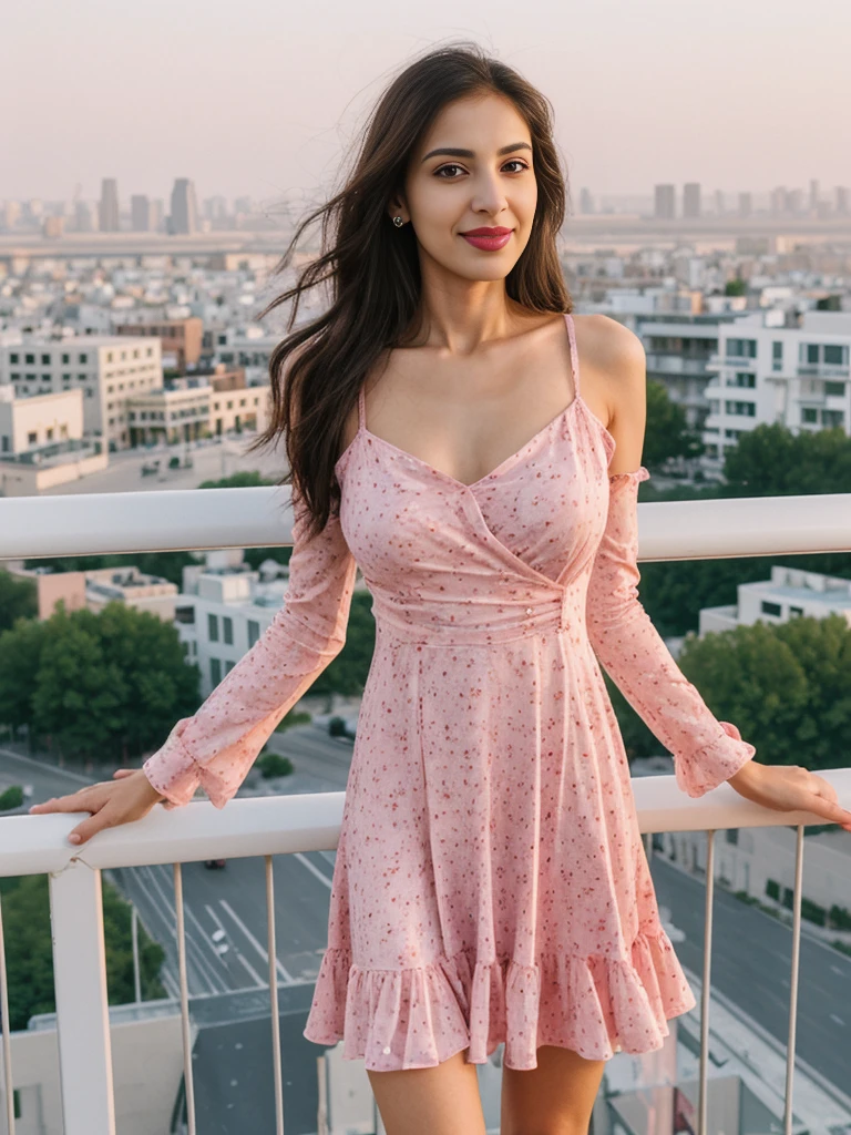 Noura, 1girl, solo, ((Qatari woman)), consistent face and body, ((MILF)), ((30 years old)), (mature), ((slim)), ((Qatari face)), (Qatari nose), (Qatari lips), ((long loose hair)), upper body and upper legs, (background: overlooking city flower field at sunset), BREAK, (wearing light-pink printed Flare Dress), smirking, teasing
