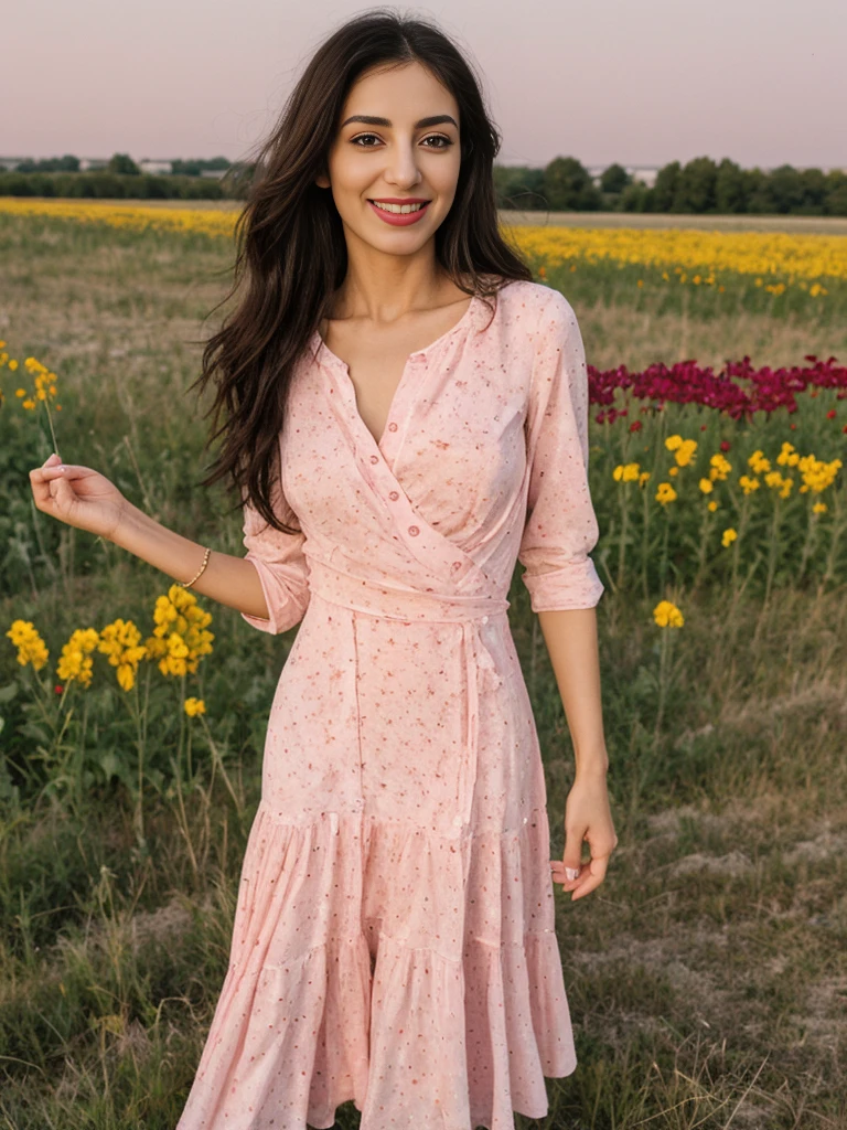 Noura, 1girl, solo, ((Qatari woman)), consistent face and body, ((MILF)), ((30 years old)), (mature), ((slim)), ((Qatari face)), (Qatari nose), (Qatari lips), ((long loose hair)), upper body and upper legs, (background: overlooking city flower field at sunset), BREAK, (wearing light-pink printed Flare Dress), smirking, teasing
