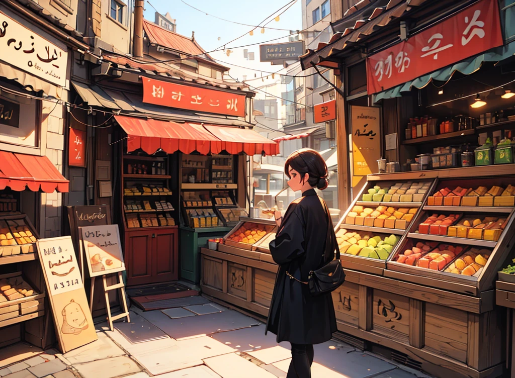 "Create a vibrant and engaging thumbnail for the story 'لا لچی حلوائی.' The thumbnail should show a simple villager standing in front of a sweet shop in a bustling city. The villager should look curious and slightly hungry. The confectioner inside the shop should be depicted with a sly, cunning expression. The background should feature busy city streets with various shops and people. Use bright colors to capture the lively atmosphere of the city."