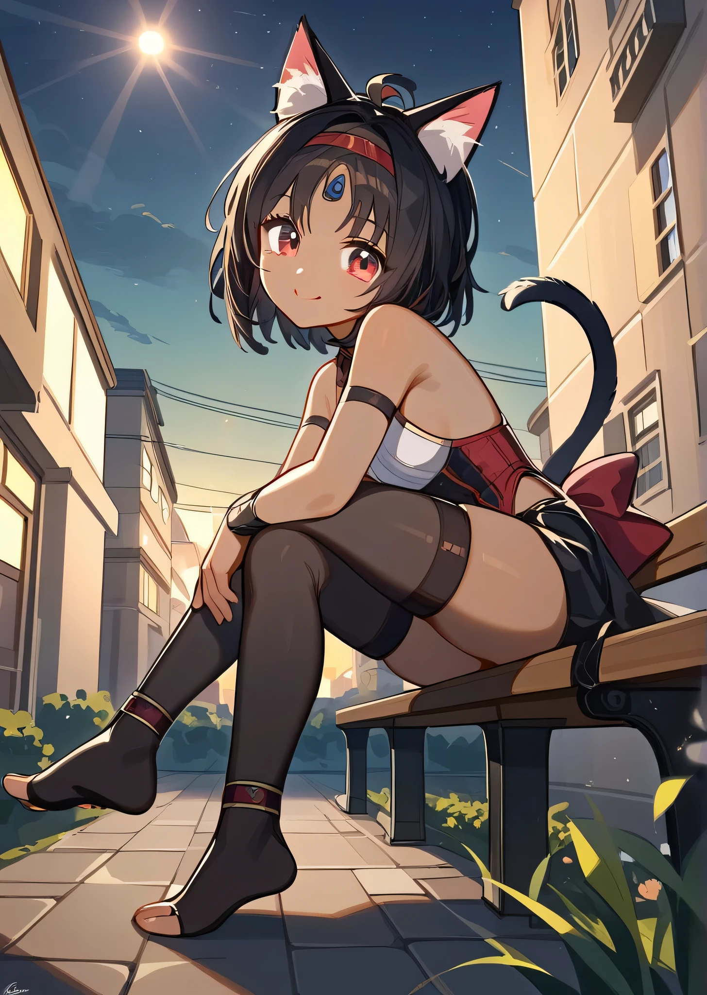 [nekomata], ((masterpiece)), ((solo portrait)), ((front view)), ((low angle view)), ((foot focus)), ((HD)), ((High res)), ((anime)), ((detailed shading)), ((cinematic lighting)), {(athletic figure), (brown skin), (cat ears), (two cat tails), (cute maroon eyes), short eyelashes, short black hair, (defined toned legs), (beautiful feet), (cute smile)}, {black stirrup thighhighs)}, {(sitting on bench), (looking at viewer)}, [ambient lighting, city, moonlight]
