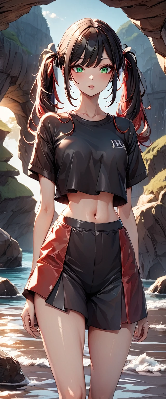 1_girl, solo, kei (dirty pair) (cosplay), 32-years-old femaile. Dark red long hair with bangs to the eyebrows. Wearing a black T-shirt top and bikini bottom, waterfall background, full body portrait