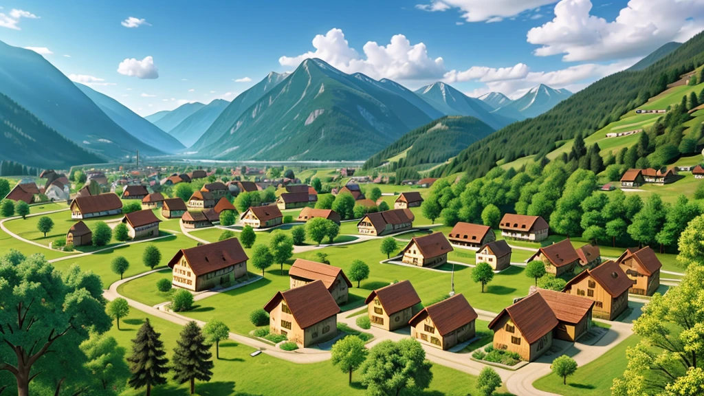 Beautiful scene of ancient Swiss village. Aerial view, Photorealistic photos, High definition.