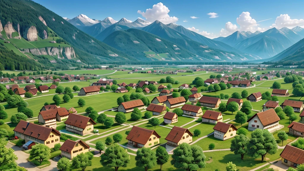 Beautiful scene of ancient Swiss village. Aerial view, Photorealistic photos, High definition.