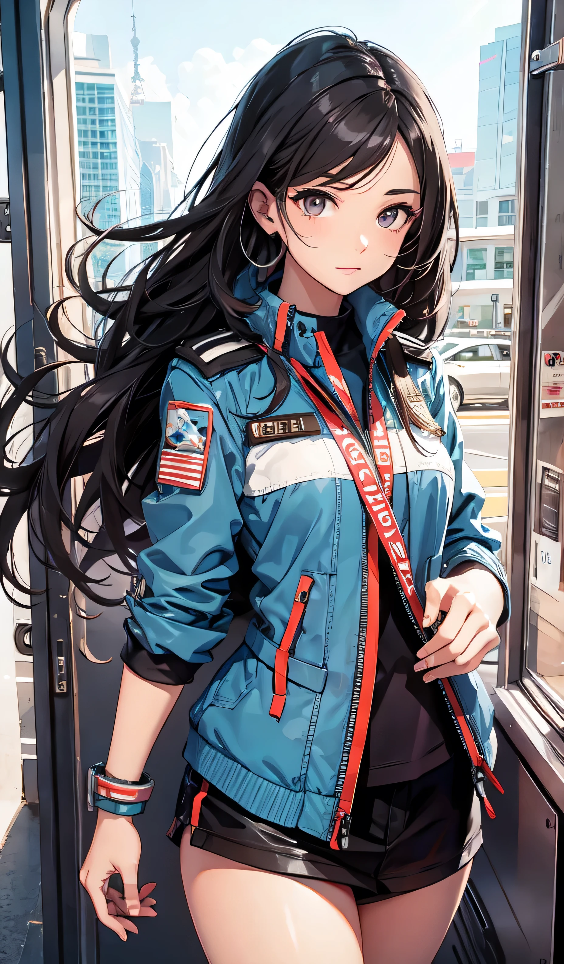black hair, black eyes, beautiful detailed girl, long wavy hair, airliner pilot