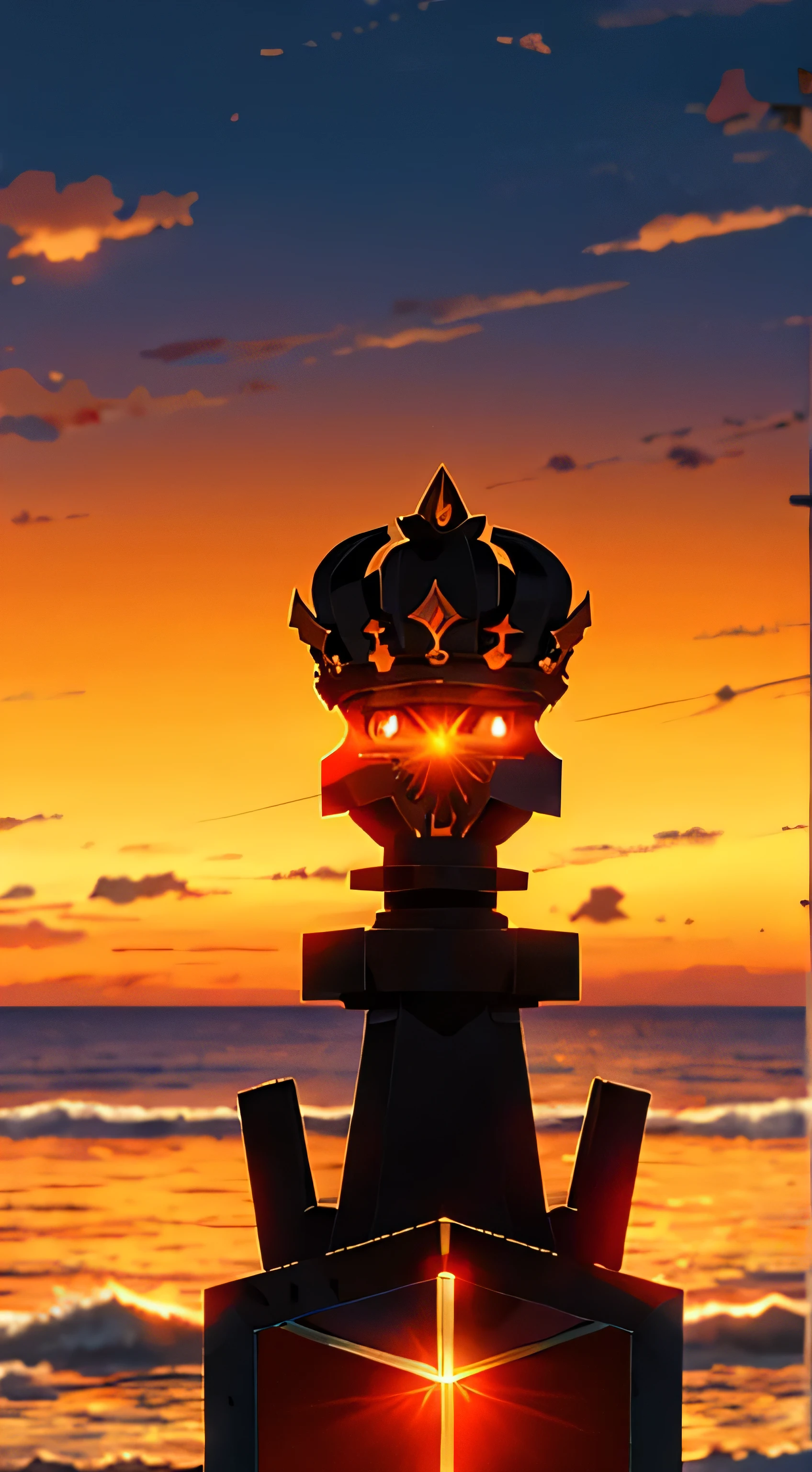 Sunset on the horizon, lighting with a faint orange tone. And a logo written imperius with a crown. Animation style. anime scenario