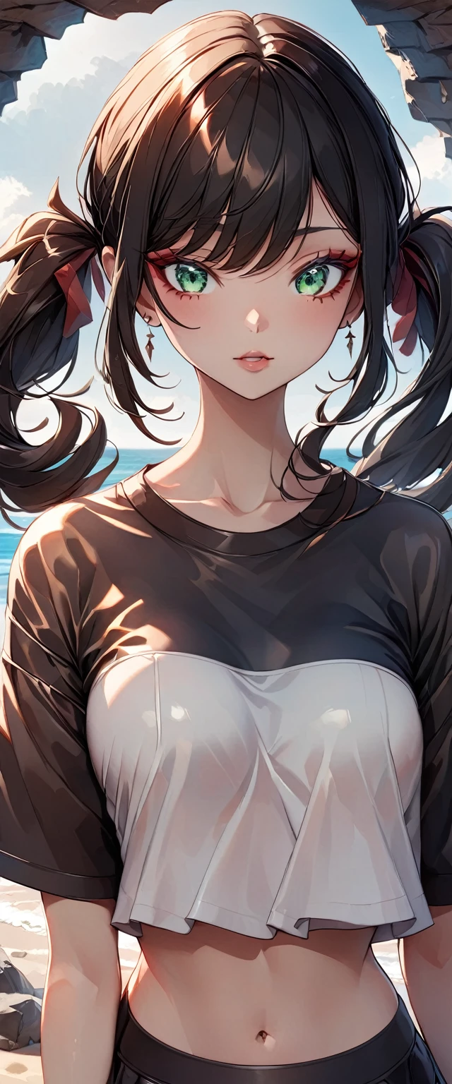 Photo of a woman with natural skin, grassland, Upper Body, Ahegao, Sweating, Sticking out tongue, High Twintails, Black hair with red mesh, Sharp eyes with red eyeshadow, Blue-green eyes, Shining eyes, A thin, upturned nose, Well-shaped lips, ((Black off-the-shoulder dress, Thin shoulder straps)), barefoot, Makeup, Exquisitely crafted with the utmost attention to detail, Vibrant, amazing, Smooth, Cinematic, 4K, Backlight, ((綺麗な星空が見える広いgrassland)), Shallow depth of field, ((Detailed eyes:1.3, Detailed lips:1.3, high quality, )), masterpiece, Super detailed images, High quality