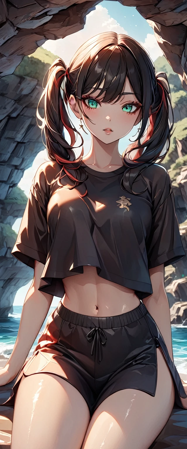 Photo of a girl with natural skin, smile, ((Baby Face)), Round face, A girl wearing mainly black and red, Cowboy Shot, Seaside cave, The light is shining in, High Twintails, Black hair with red mesh, Sharp eyes with red eyeshadow, Blue-green eyes, Shining eyes, A thin, upturned nose, Well-shaped lips, ((crop top overhang, Short sleeve, Black clothes, Thighs, Glamour body)), Makeup, Exquisitely crafted with the utmost attention to detail, Vibrant, amazing, Smooth, Cinematic, 4K, Backlight, (()), Shallow depth of field, ((Detailed eyes:1.3, Detailed lips:1.3, high quality, )), masterpiece, Super detailed images, High quality