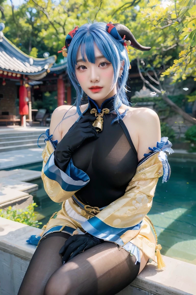 (photorealistic:1.4), (masterpiece, sidelighting, finely detailed beautiful eyes: 1.2), masterpiece*portrait, realistic, 3d face,
ganyu \(genshin impact\), 1girl, ahoge, architecture, bangs, bare shoulders, bell, black gloves, black pantyhose, (blue hair), blush, breasts, chinese knot, detached sleeves, flower knot, gloves, horns, long hair, looking at viewer, medium breasts, neck bell