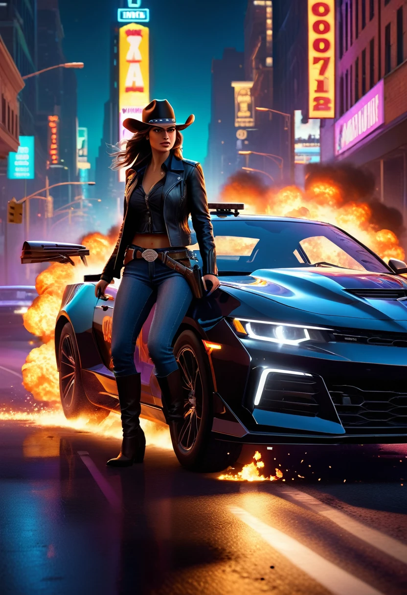 A cowgirl escapes an explosion in her car,Burning car,There are gunshots everywhere,Bright city lights at night,Reflection of neon lights on car windshield,traffic chaos, hurry, Intense chase scene, movie action, Night streets, high speed pursuit, on the verge of danger, the last Stand, epic showdown, Dramatic, Thrilling ending, Stunning visuals, Immersive atmosphere, Detailed car model, Realistic game engine, Resilient environment, Dynamic camera angles, Dynamic lighting effects, Realistic gunshots, dramatic music, Strong emotions.