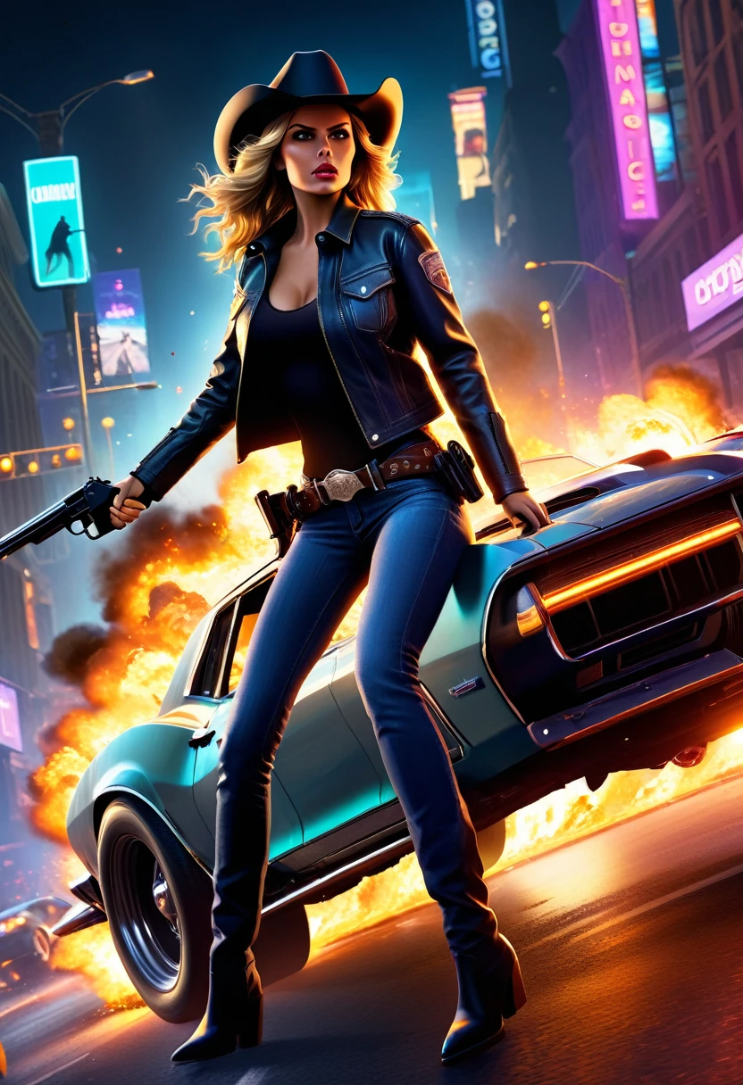 A cowgirl escapes an explosion in her car,Burning car,There are gunshots everywhere,Bright city lights at night,Reflection of neon lights on car windshield,traffic chaos, hurry, Intense chase scene, movie action, Night streets, high speed pursuit, on the verge of danger, the last Stand, epic showdown, Dramatic, Thrilling ending, Stunning visuals, Immersive atmosphere, Detailed car model, Realistic game engine, Resilient environment, Dynamic camera angles, Dynamic lighting effects, Realistic gunshots, dramatic music, Strong emotions.