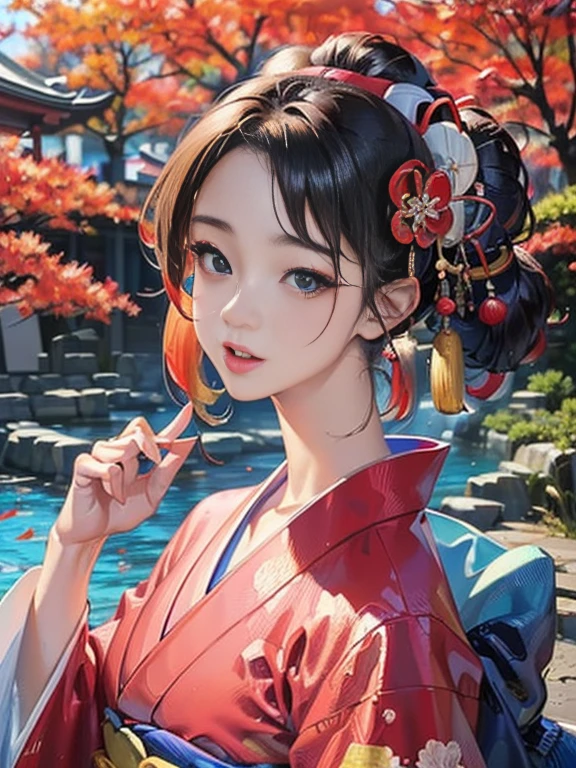 (Highest quality、 8k 、masterpiece、High resolution)、 Japanese painting、Vibrant colors、A woman wearing a kimono、Hands on chest、(Highly detailed face and eyes,Beautiful Face,Beautiful Eyes,Beautiful nose,Pretty lips)、Dynamic painting technique、Japanese garden、Autumn scenery、autumn leaves、Starry Sky、Detailed Description、