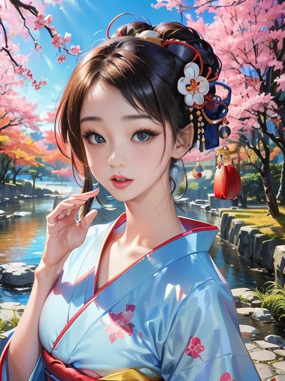 (Highest quality、 8k 、masterpiece、High resolution)、 Japanese painting、Vibrant colors、A woman wearing a kimono、Hands on chest、(Highly detailed face and eyes,Beautiful Face,Beautiful Eyes,Beautiful nose,Pretty lips)、Dynamic painting technique、Japanese garden、Autumn scenery、autumn leaves、Starry Sky、Detailed Description、