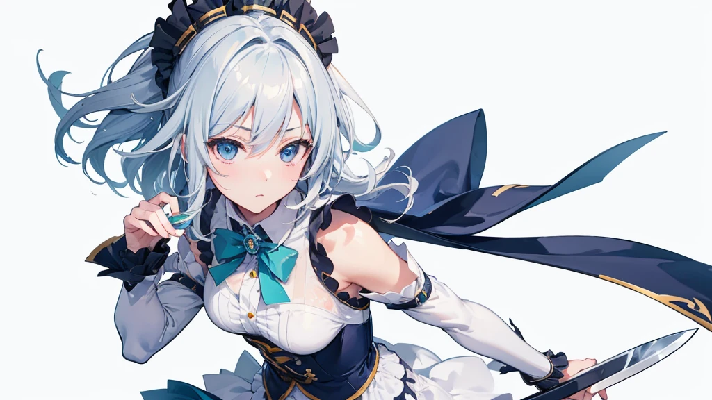 (Highest quality)　(4K)　(8k)　(High resolution)　(masterpiece:1.2)　(Super detailed)　One girl　Sakuya Izayoi　(White Background)　Standing posture　Serious　Hold the knife