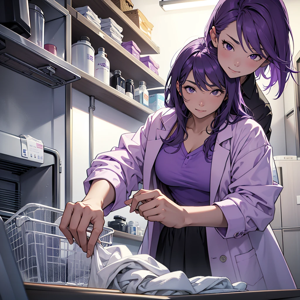 A purple-haired logician woman wearing a white lab coat and purple shirt、Create an image of someone doing laundry in their own apartment.。