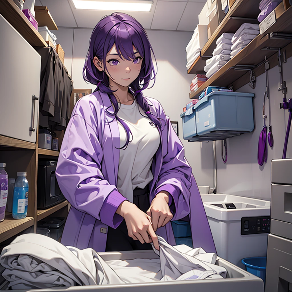 A purple-haired logician woman wearing a white lab coat and purple shirt、Create an image of someone doing laundry in their own apartment.。