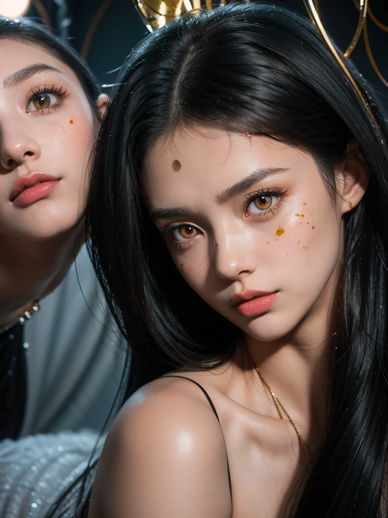 Long Black hair, besh skin, amber eyes color a girl with birthmark on the left side of the forehead and under the neck right 2 different birthmarks