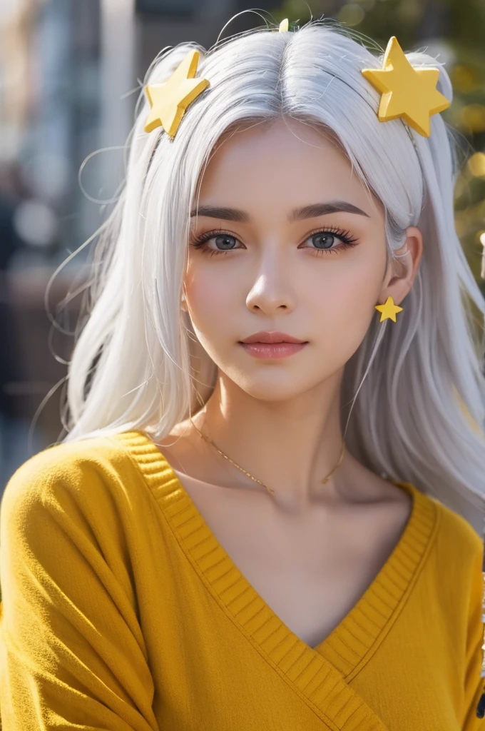 A woman with white hair and a yellow star on her head