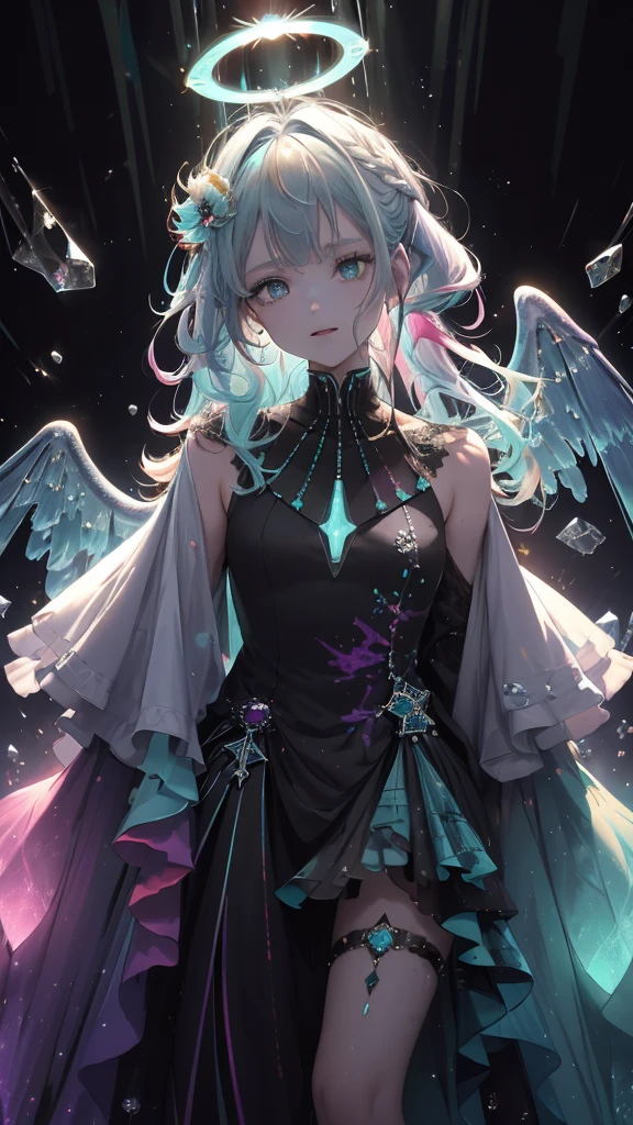 (Highest picture quality),(Masterwork),(ultra-detailed),(Detailed eye description:1.0),(lens flare:1.0),(movie poster:1.0),(Tarot border:1.0),the portrait is centered,(close-up:1.0),(negative space:0.8),(negative space:1.6),(solo),(floating colorful {wind|water magic|ink|crystals|ice|fire|flame|lightning|web|rocks|sand|particles|sparkles|blood}:1.0),(many colorful {soap bubbles|clouds|thorns|spikes|vines|currents|spirals|halos|wings|tattoos|cubes|octahedron}:1.0),(floating {red|green|blue|aqua|purple|yellow|black|white|grey|pink|orange|lime} {ribbons|feathers|particles|blades|droplets|snowflakes|soft balls}:1.0),({crystal|ice|fire|flame|wind|water|earth|stone|space|musical|sonic|vortex} {magic|wings}:1.0), ({ray tracing,glowing|dappled sunlight,light rays,caustics|night,black theme|mysterious,eerie|easygoing,pastel}:1.2), ({colorful|iridescent|multicolored}:1.0),(beautiful detailed glow:1.0),({leaning forward|leaning back|leaning to the side|}:1.2),{(smile:1.0)|(smirk:1.0)|(grim expression:1.0)},({small|small||lips,eyelashes}:1.0),{(open mouth:1.0)|(closed mouth:1.0)|},({eyelashes|eyeshadow||}),{one eye closed|||},({red|green|blue|aqua|purple|yellow|black|white|grey|pink|orange|lime} hair:1.4),({short|long|medium} hair:1.0),({from below|from above|from side|from behind|facing viewer}:1.3),(halo:1.3),(head tilt:1.0),(dynamic pose:1.1),(asymmetrical hair:1.2),({red|green|blue|aqua|purple|yellow|black|white|grey|pink|orange|lime} {armor|dress|collared shirt|suit|outfit}:1.0),({formal|military|techwear|urban style|casual,casual clothes|fantasy,magician|feral,tribal|sci-fi,futuristic}),({plaid skirt|layered skirt|puffy dress|tights|pants|shorts}),({blue|aqua|purple|black} {eyes|eyes|pupils}:1.8),{(forehead:1.5),asymmetrical bangs|diagonal bangs|hair between eyes|blunt bangs|swept bangs},{one eye covered|ponytail|high twintails|||},{straight hair|wavy hair|drill hair||},{long coat|suit jacket|cloak|sweater|tie||}