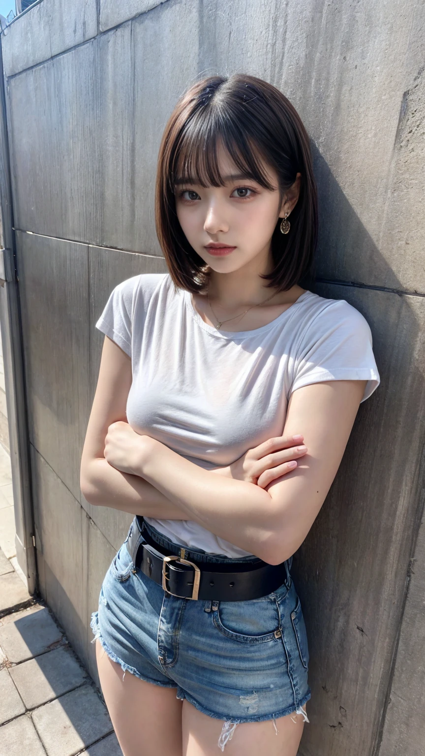 masterpiece, best quality, illustration, Super detailed, fine details, High resolution, 8K,wall paper, perfect dynamic composition, full body photo, leaning forward, crossed arms, (Details High quality, realistic depiction of eyes:1.3), 20 year old girl, Gravure Idol, cute type, huge , short bob hair, black hair color, Korean style makeup, Big Natural Color Lip, thick thighs, perfect body shape, plump figure, White T-shirt with low exposure, denim short pants, Leather belt, necklace, earrings