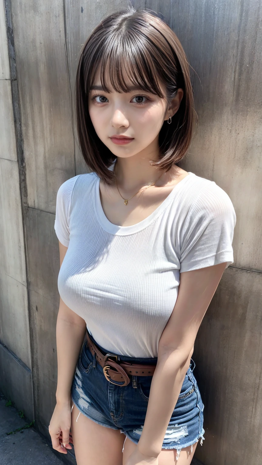 masterpiece, best quality, illustration, Super detailed, fine details, High resolution, 8K,wall paper, perfect dynamic composition, full body photo, leaning forward, crossed arms, (Details High quality, realistic depiction of eyes:1.3), 20 year old girl, Gravure Idol, cute type, large breasts, short bob hair, black hair color, Korean style makeup, Big Natural Color Lip, thick thighs, perfect body shape, plump figure, White T-shirt with low exposure, denim short pants, Leather belt, necklace, earrings