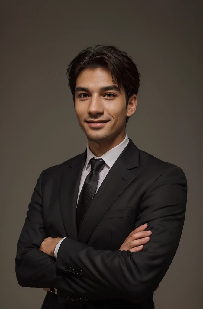 Frontal view , Portrait of man in black suit smiling , bright brown background editorial style highdefinition ultrarealistic details in the style of portrait photography