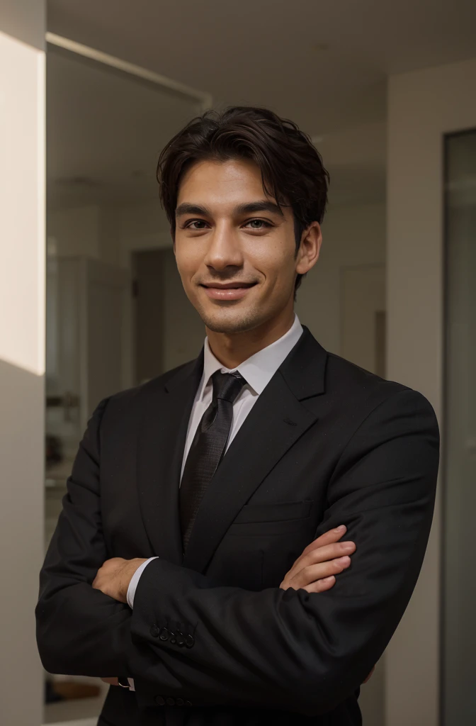 Frontal view , Portrait of man in black suit smiling , bright brown background editorial style highdefinition ultrarealistic details in the style of portrait photography