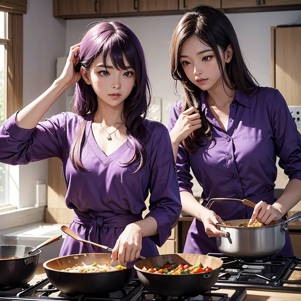 A cool female commander in purple clothes、Create an image of you cooking in your room alone。