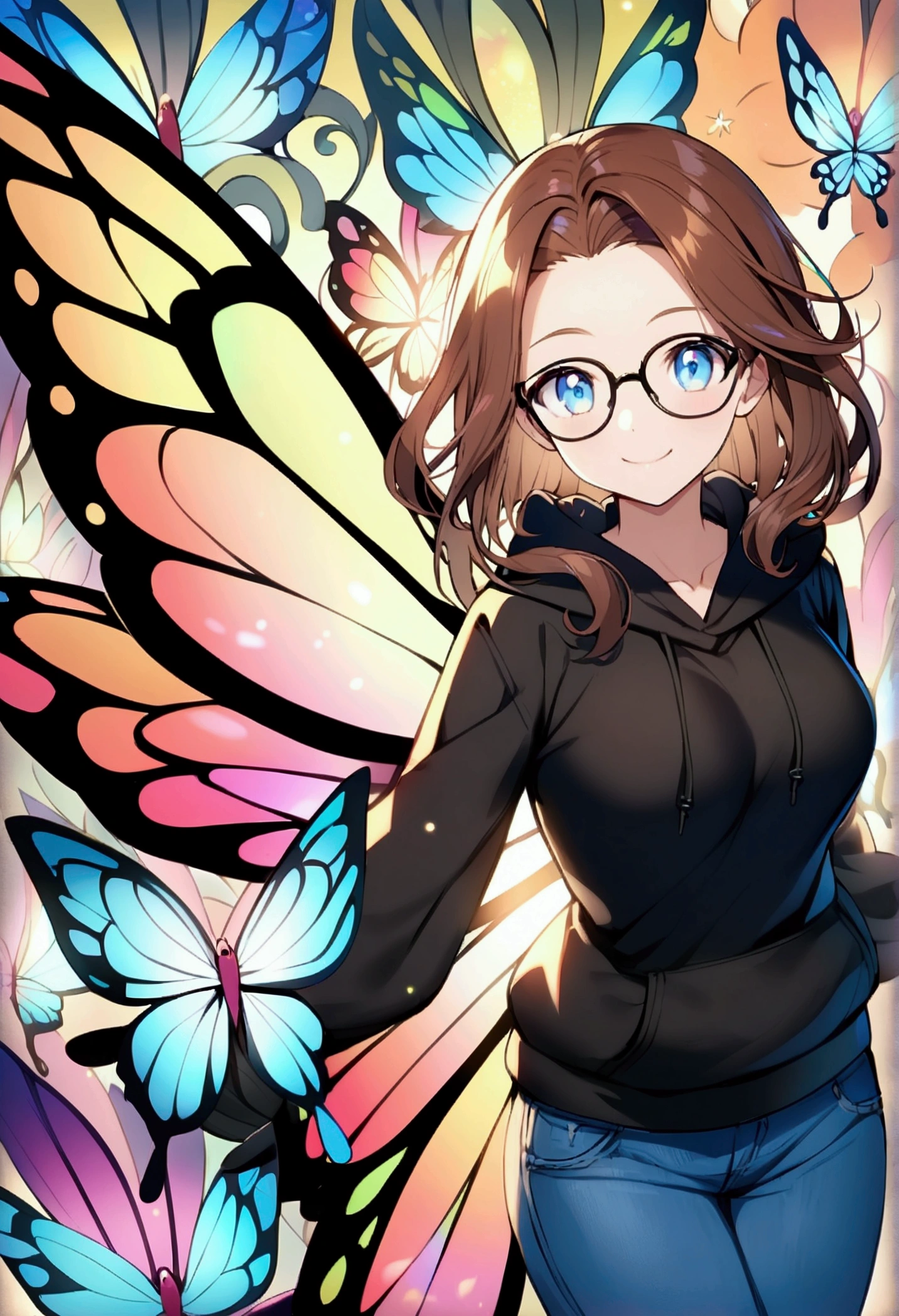 Alone, one person, anime woman (shoulder-length brown hair, blue eyes, black hoodie, jeans, dark-framed glasses, clear forehead, smiling, with shimmering colorful butterfly wings). Surrounded by cute fantasy creatures like Pokemon.
