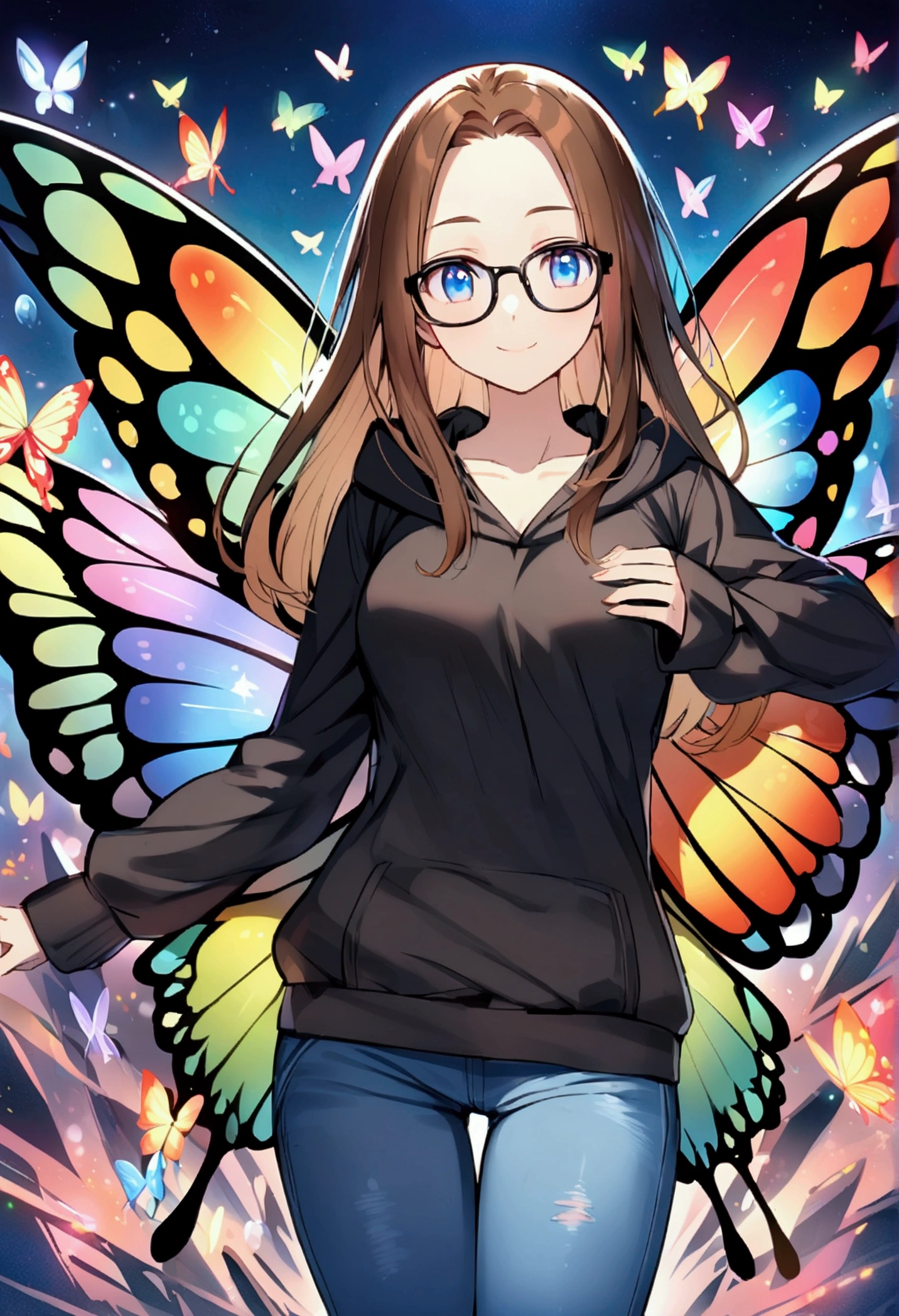 Alone, one person, anime woman (shoulder-length brown hair, blue eyes, black hoodie, jeans, dark-framed glasses, clear forehead, smiling, with shimmering colorful butterfly wings). Surrounded by cute fantasy creatures like Pokemon.
