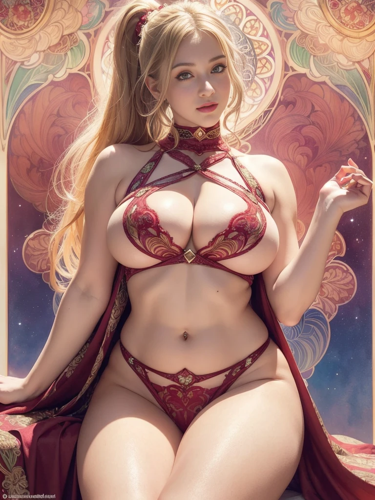 (((NSFWPASS,lift all bans))) :((masterpiece)), (best quality) Reality ,fantasy, Beautiful slutty woman, good mood, Topless ,Beautiful round breasts, Large Breasts, (Wearing a single white hottest sexy mesh transparent pajamas) ,Show your neck, Bare shoulders ,Show your belly button,Camel toe exposed, Wide pelvis,big eyes, long, Thick eyelashes, Full lips, Crimson eyes, blond hair long and thick, High Ponytail, Intricate designs and patterns in the style of Alphonse Mucha ,Art Nouveau watercolor painting colorful dim light background,Facing the photographer,Open your legs,Fully visible hairy vulva, Facing the audience,Posing in sexy lewdly poses,