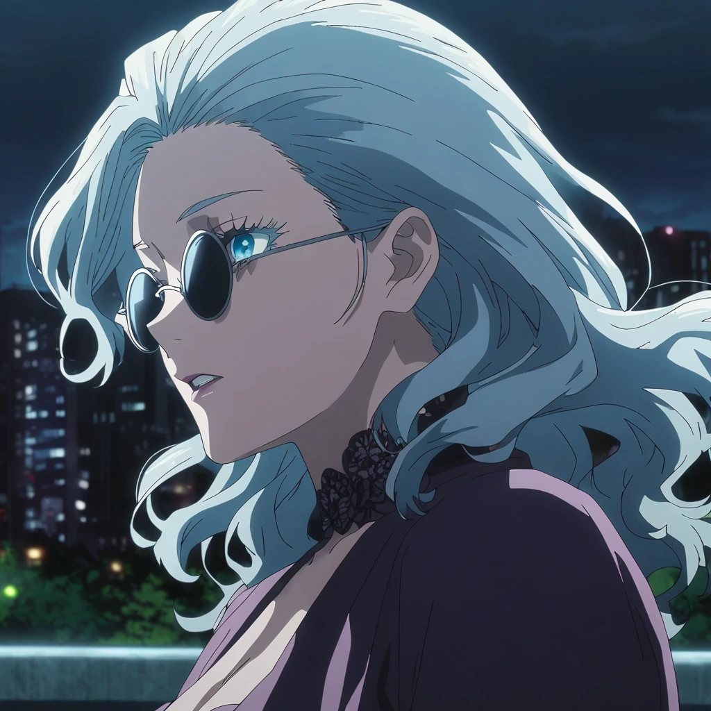 1girl, female gojo satoru, anime screencap from jujutsu kaisen, gojo satoru female version, solo, long_Silver hair, wavy hair, black round sunglasses, Blue Eyes, parted_lips,soft expression, looking_at_viewer, perfect background, outdoors, side view, eyelashes, (elegant prom night outfit), floating hair, ((hair slicked from one side)), City in background,night