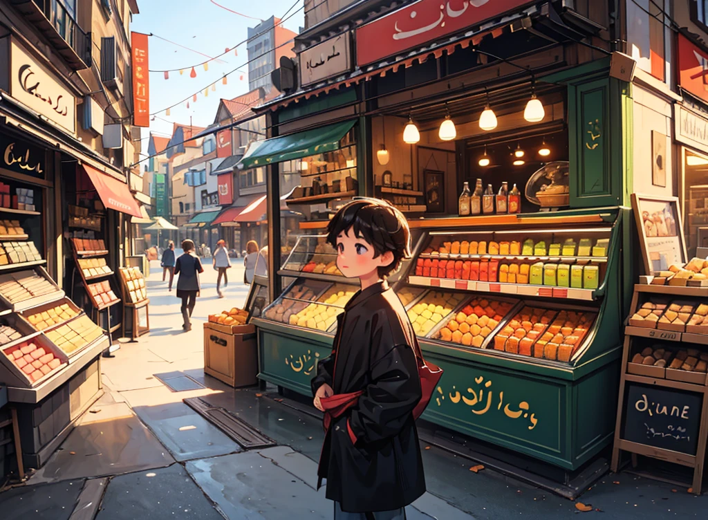 "Create a vibrant and engaging thumbnail for the story 'لا لچی حلوائی.' The thumbnail should show a simple villager (boy) standing in front of a sweet shop in a bustling city. The villager (boy) should look curious and slightly hungry. The confectioner inside the shop should be depicted with a sly, cunning expression. The background should feature busy city streets with various shops and people. Use bright colors to capture the lively atmosphere of the city."