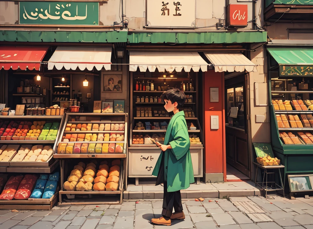 "Create a vibrant and engaging thumbnail for the story 'لا لچی حلوائی.' The thumbnail should show a simple villager (boy) standing in front of a sweet shop in a bustling city. The villager (boy) should look curious and slightly hungry. The confectioner inside the shop should be depicted with a sly, cunning expression. The background should feature busy city streets with various shops and people. Use bright colors to capture the lively atmosphere of the city."