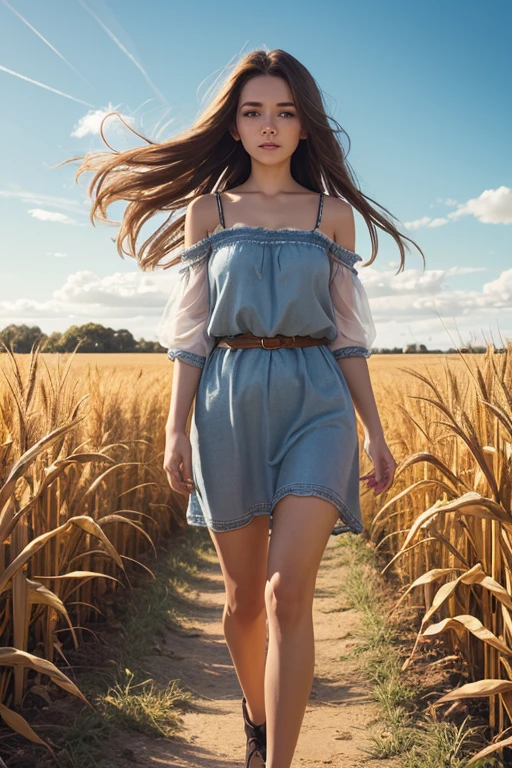 1 girl, Beautiful face, haircut in Slavic style, hair, subtle freckles, plump sensual lips, long hair, I look at the viewer, dirty hair, wheat hair, expressive realistic sky blue eyes, dreamy look,
full body shot, realistic, One, teeth, Walking through a corn field. dramatic sky, Slavic clothing style