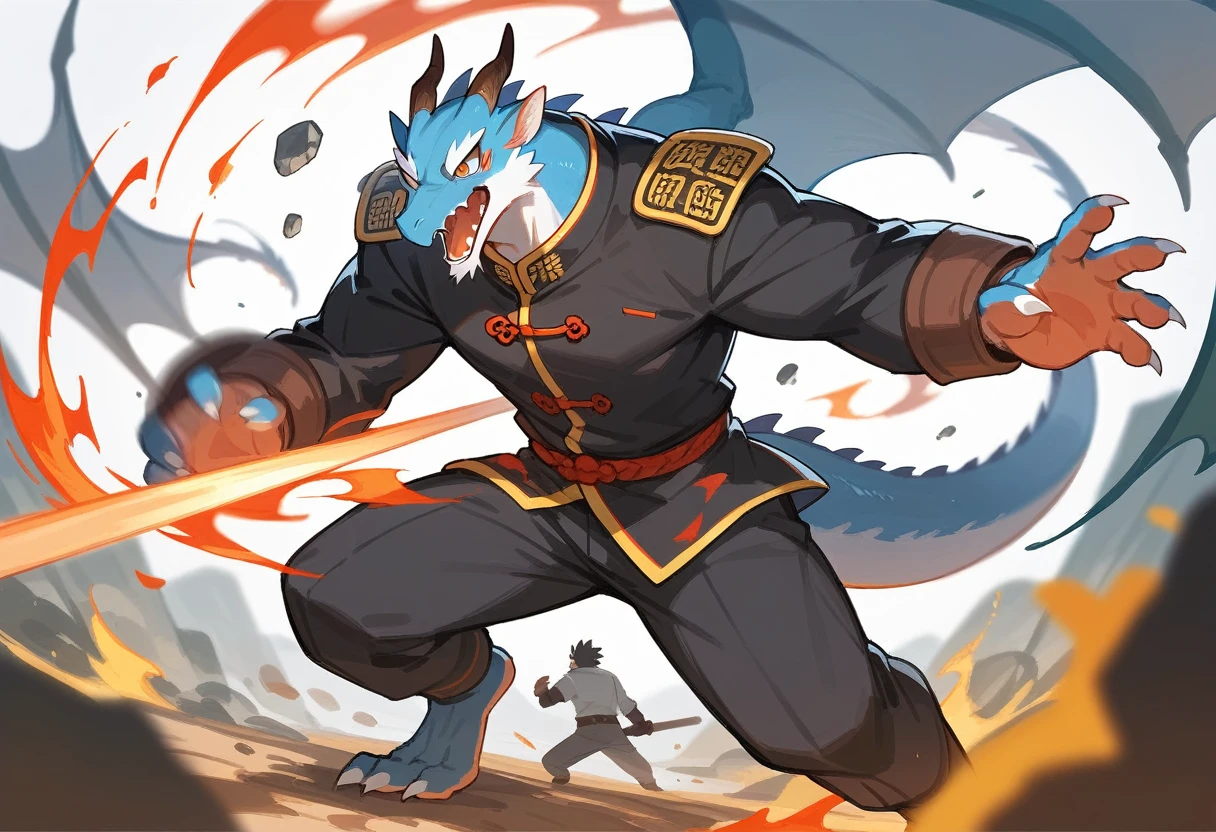 top quality, high-quality illustrations((masterpiece))depth of field, motion blur, absurdres, Perfect Anatomy, magnificent picture of kemono fighting fierce battles, kemono, 1boy, solo focus, Anthro((dramatic))epic, weapon, dynamic pose, One scene of movie,FURRY，dragon，Chinese，green