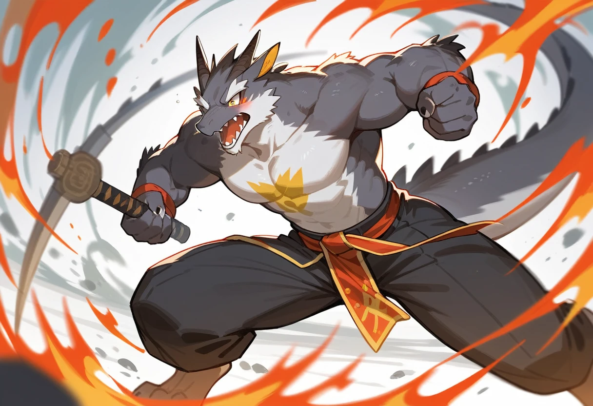 top quality, high-quality illustrations((masterpiece))depth of field, motion blur, absurdres, Perfect Anatomy, magnificent picture of kemono fighting fierce battles, kemono, 1boy, solo focus, Anthro((dramatic))epic, weapon, dynamic pose, One scene of movie,FURRY,dragon,Chinese,green